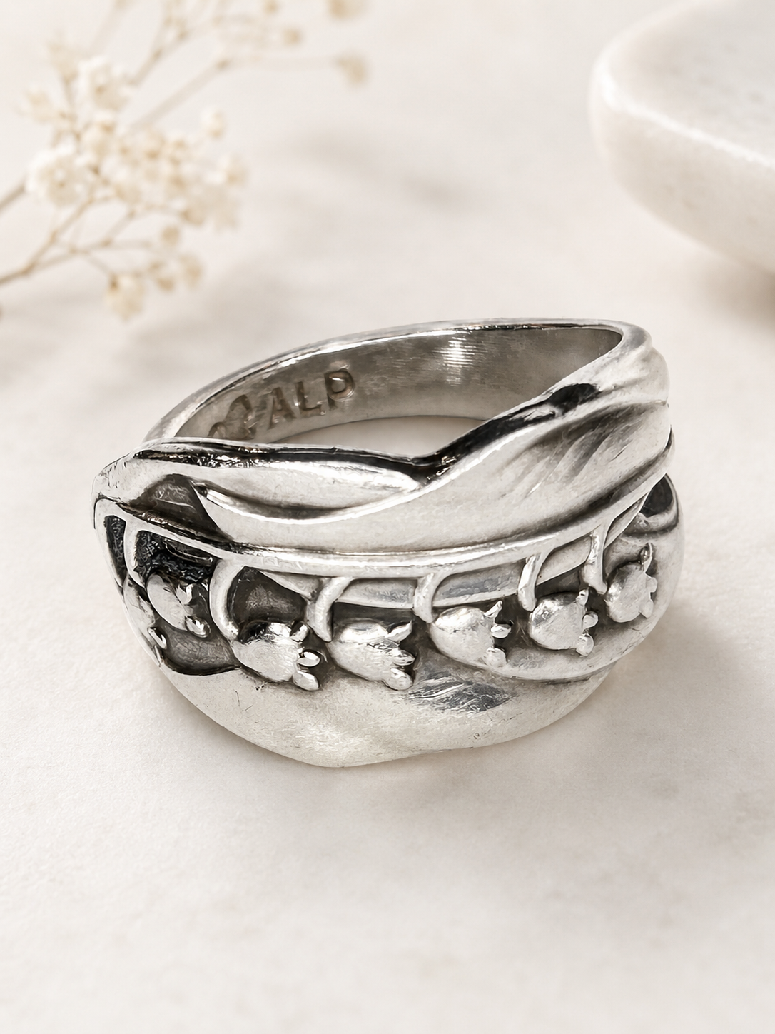 Alpacca Lily of the Valley spoon ring, front view