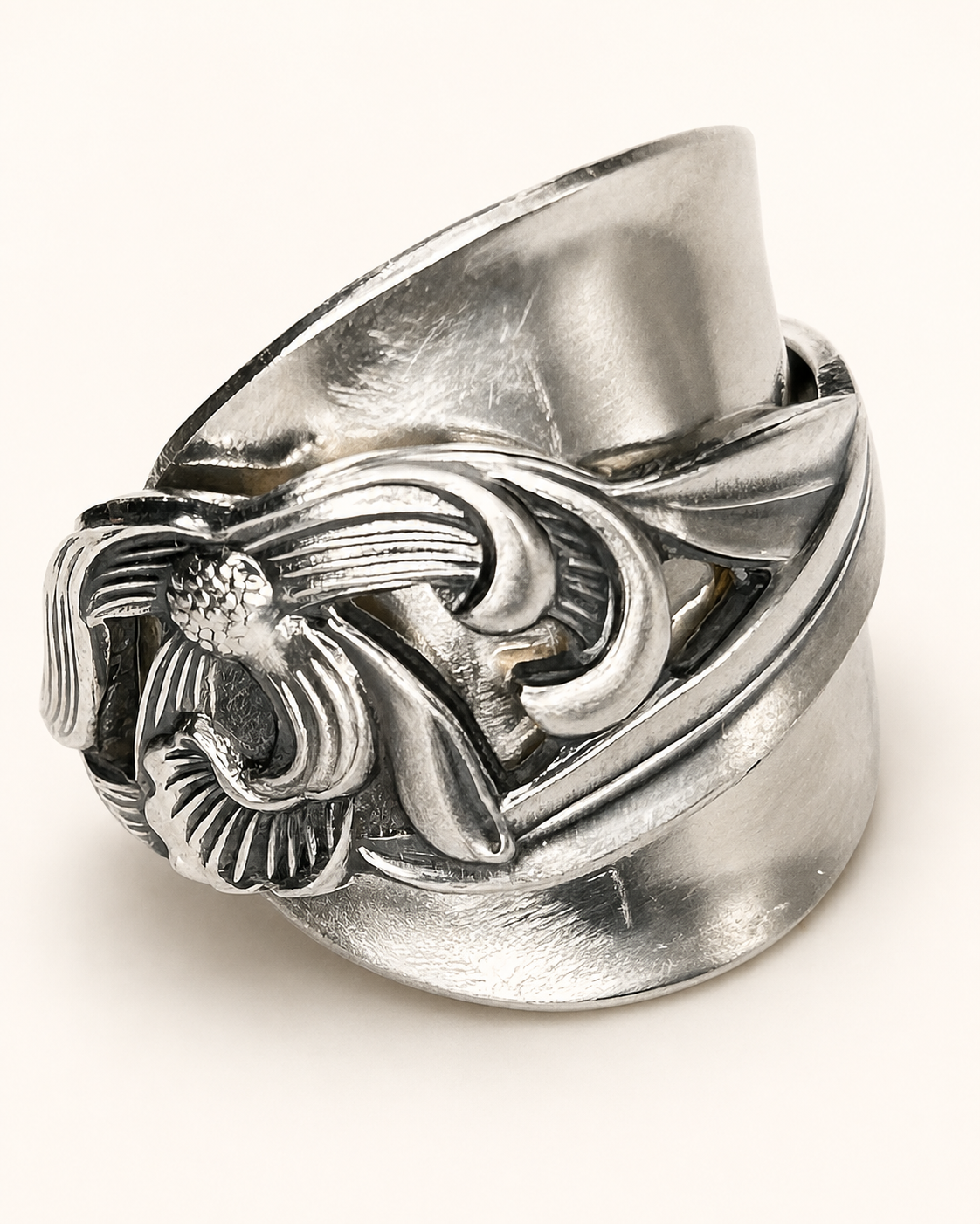 Iris spoon ring handcrafted from Alpacca cutlery